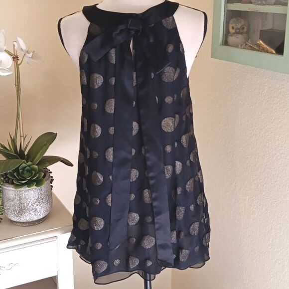 Vintage. Nanette Lepore Black Silk With Gold Polka Dot Blouse. Dark Summer - Picture 4 of 9